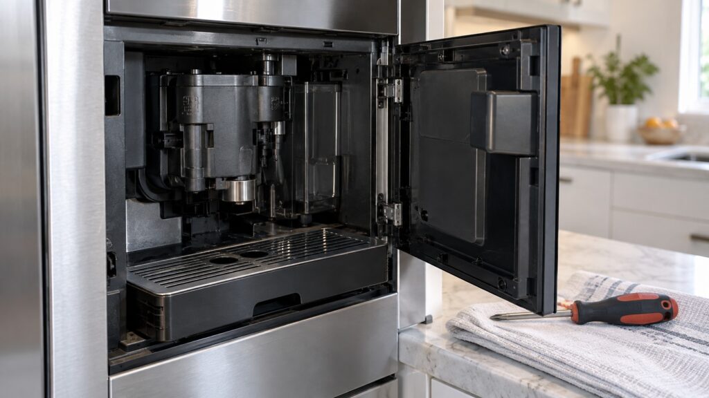 Close-up of the brew unit and drip tray of a built-in coffee machine with the door open, seen at eye level from the side, with a screwdriver resting on a towel.