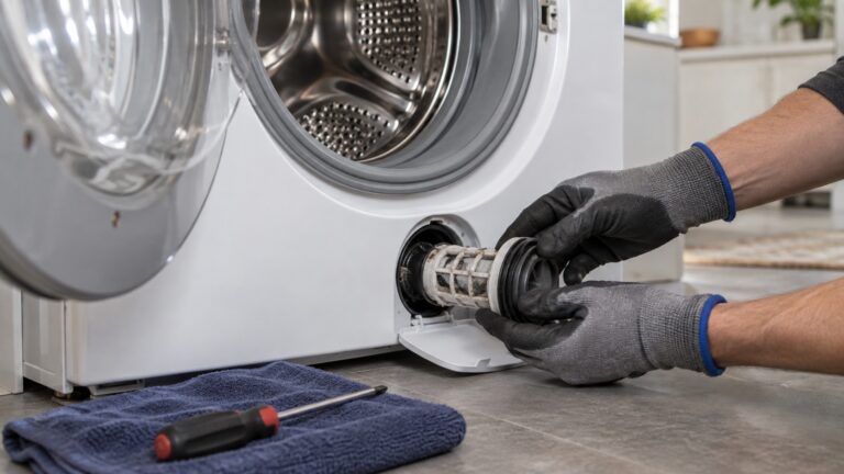 Close-up of the open door, drum and rubber gasket of a front-load washing machine with a service technician's gloved hands lifting out the filter, seen at a low three-quarter angle, with a screwdriver resting on a towel.