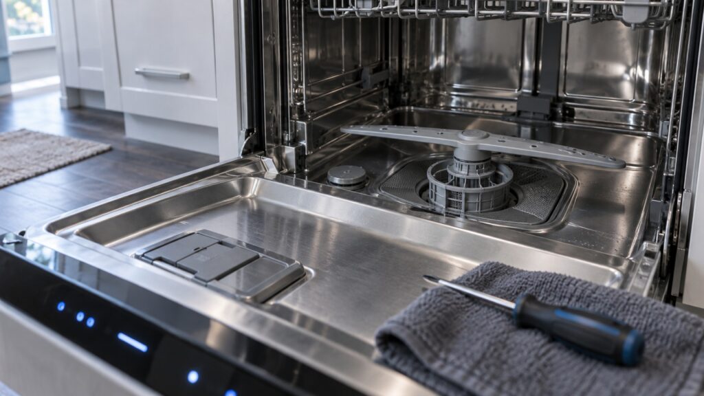 Close-up of the open lower basin of a stainless dishwasher with the filter and spray arm with the control panel lit in the foreground, seen at a low three-quarter angle, with a screwdriver resting on a towel.