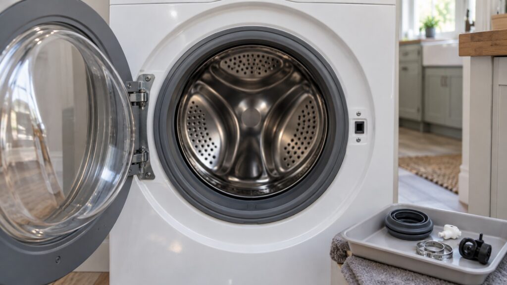 Close-up of the open door, drum and rubber gasket of a front-load washing machine with the door open, seen straight on from the front, with a small parts tray beside it.