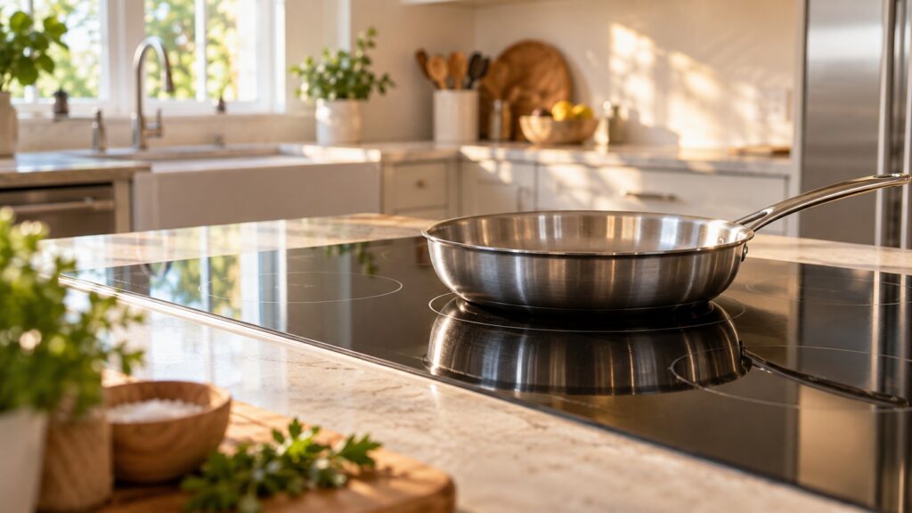 A black ceramic glass cooktop built into a light stone countertop in a bright American kitchen, a stainless steel pan resting on one cooking zone.