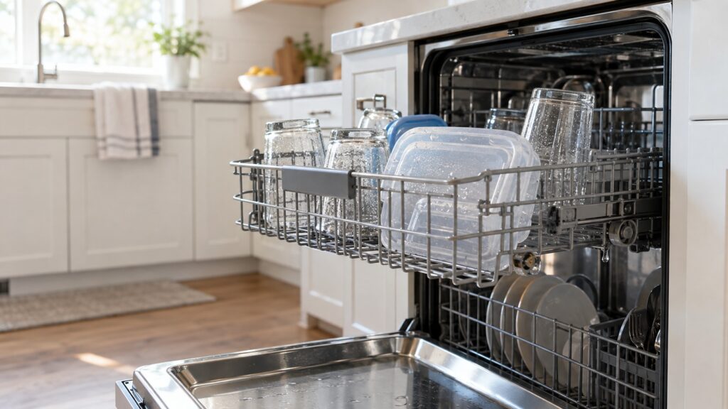 An open stainless steel dishwasher in a bright American kitchen, the upper rack pulled halfway out, clean glassware and plastic storage containers still beaded with water droplets.