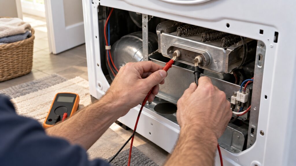A repair technician's hands holding a multimeter probe against the terminals of a heating element at the open rear panel of a white front-loading clothes dryer, in an American laundry room.