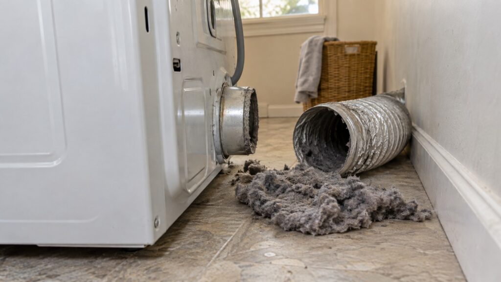 A clothes dryer pulled forward from the wall in an American laundry room, the flexible metal vent duct disconnected behind it, a thick grey mat of lint pulled out and resting on the floor.