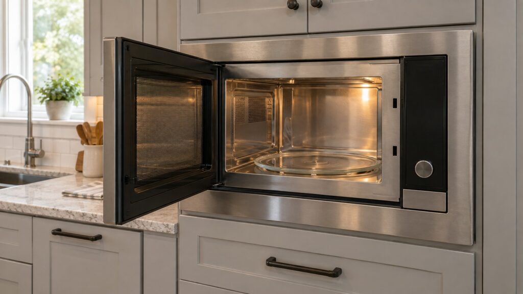 A stainless steel built-in microwave set into a run of kitchen cabinets in an American kitchen, its door open and the interior light on showing the glass turntable.