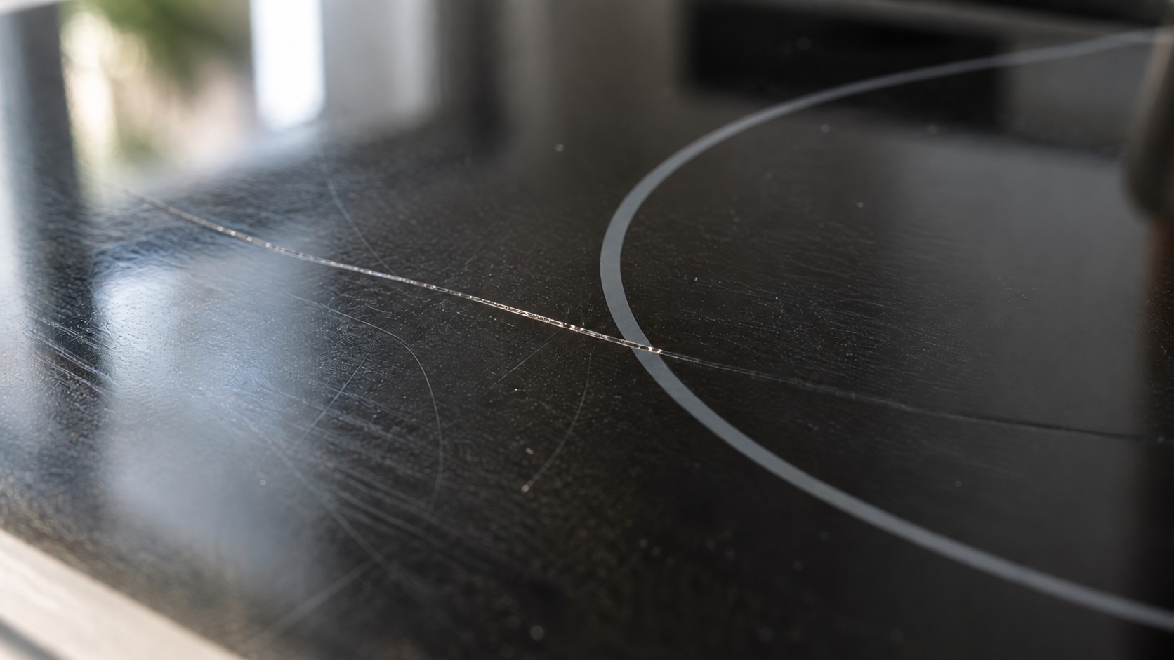 Close-up of a hairline crack running across the black ceramic glass surface of a kitchen cooktop, catching the light near the edge of a cooking zone ring.