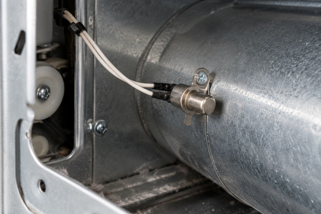 A macro close-up of a small cylindrical temperature sensor with two wires, mounted inside the open rear panel of a clothes dryer's duct housing.