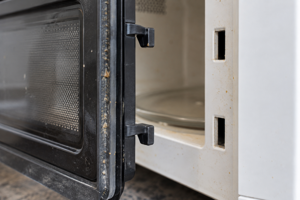 A macro side view of an open microwave door edge showing the two plastic latch hooks and the matching slots in the frame.