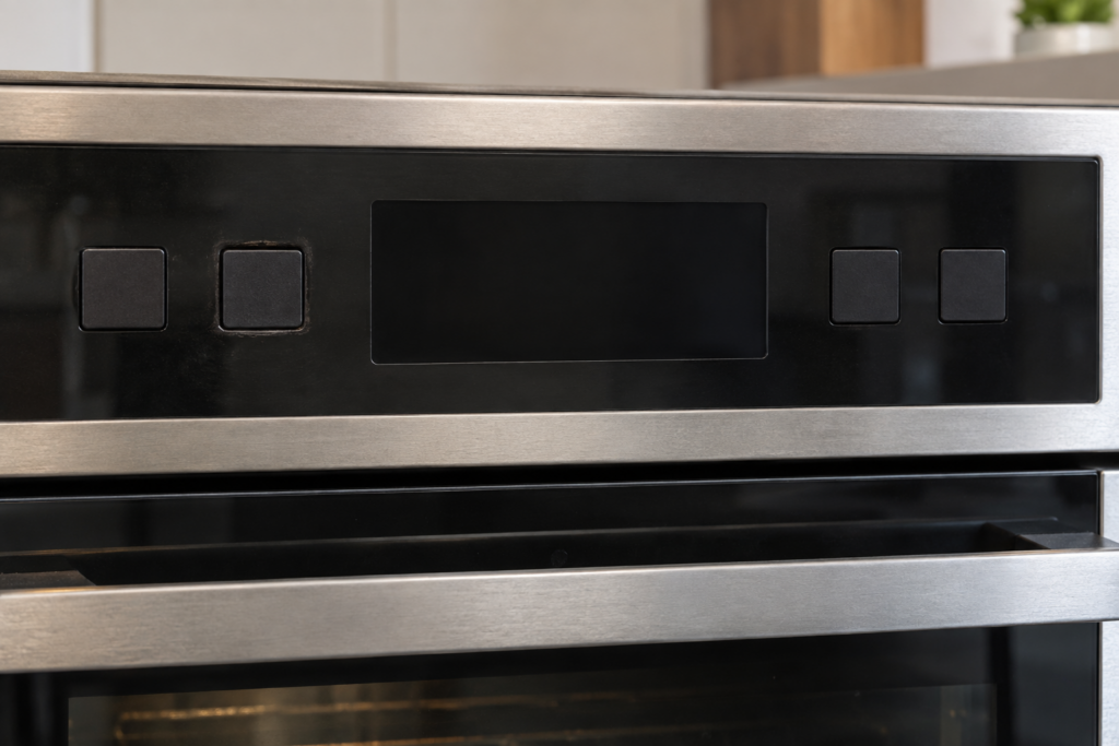 A close-up of a wall oven's touch control panel, one button visibly sunken lower than its neighbors with a faint residue mark near its edges.