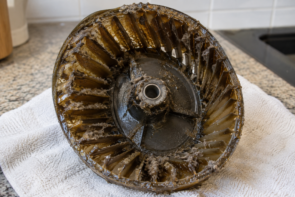 A range hood fan blade assembly removed and resting on a kitchen towel, a thick film of grease and lint coating the blades.
