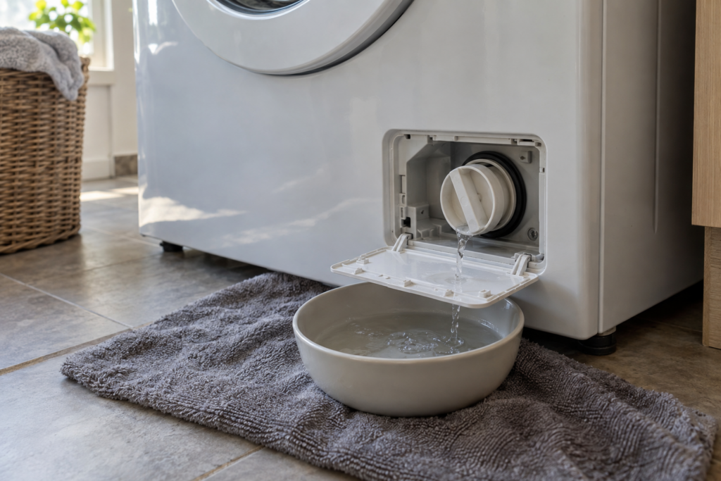 The lower front panel of a front-load washer with the service flap open and the drain pump filter cap half unscrewed over a bowl and a towel.