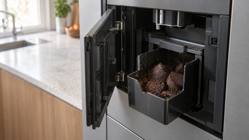 The open service door of a built-in coffee machine with the grounds container drawn out and wet spent coffee pucks stacked inside.