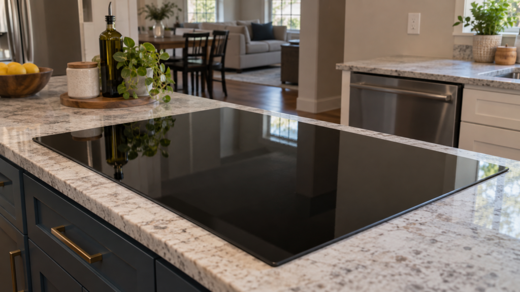 A dark, powered-off induction cooktop set into a kitchen island, faint light reflecting on the glass surface.