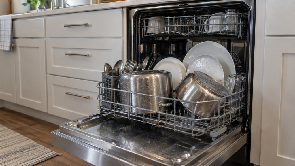 A built-in dishwasher door standing open, a rack of dishes still visibly wet with beaded water droplets after a finished cycle.