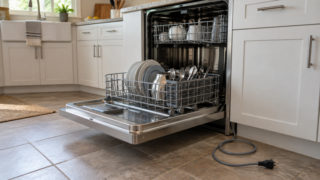 A stainless built-in dishwasher with its door fully open, the lower rack pulled out and the power cord unplugged on the floor.