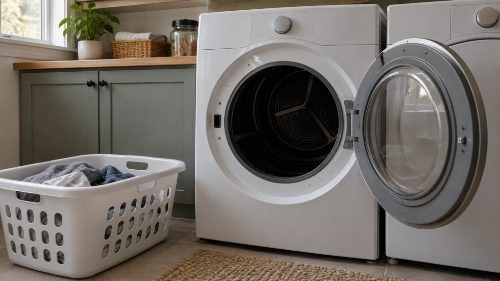 A front-load dryer standing with its door wide open and the empty drum dark, a laundry basket on the floor beside it.