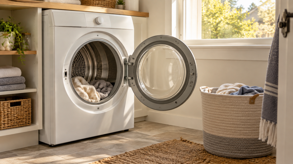 A white front-load clothes dryer in a laundry room, its door standing open beside a laundry basket.