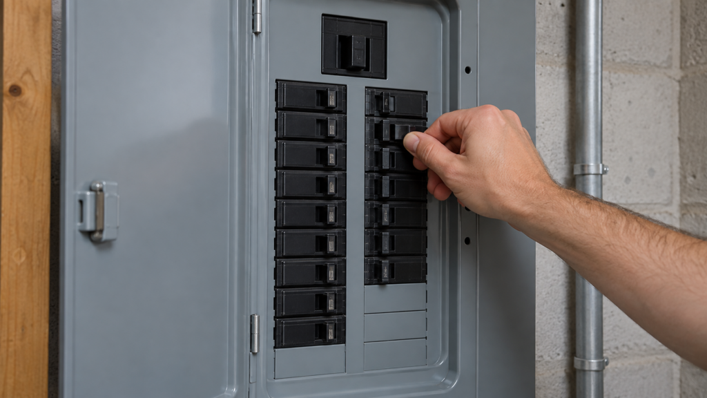 A hand switching a single breaker in an open household electrical panel on a utility wall.