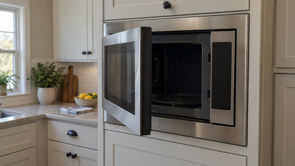 A built-in microwave set into a cabinet run with its door standing half open and the cavity unlit.