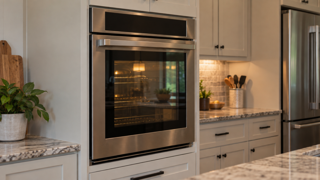 A built-in wall oven with its glass door closed, the control panel visible along the top edge.