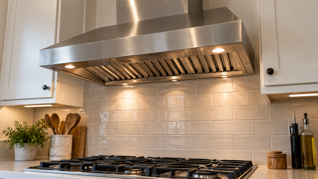 A stainless steel range hood mounted above a cooktop, viewed from below at a slight angle.