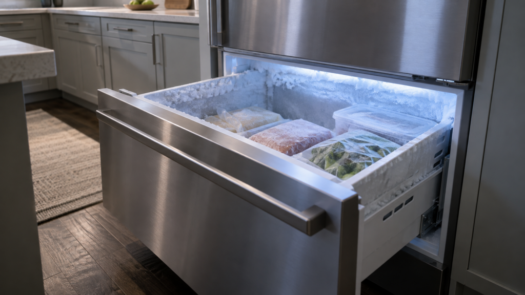 An open freezer drawer showing visible frost coating the inner walls and packaged food inside.