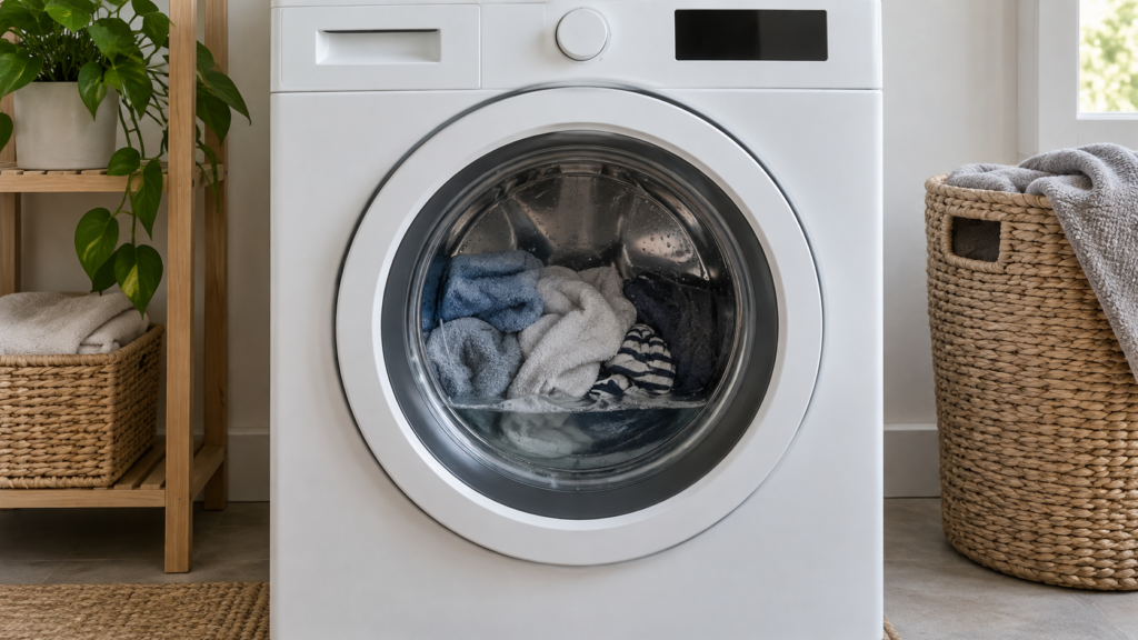 A front-load washing machine with wet laundry pressed against the glass door and a band of standing water across the bottom of the drum.