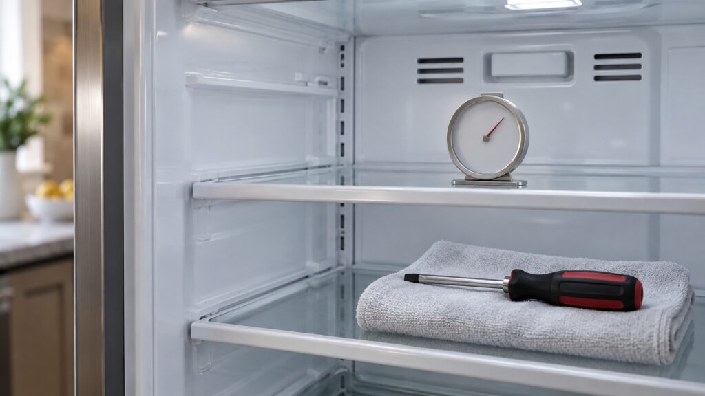 Close-up of the interior back wall and shelves of a built-in refrigerator with a thermometer resting on a shelf, seen at eye level from the side, with a screwdriver resting on a towel.