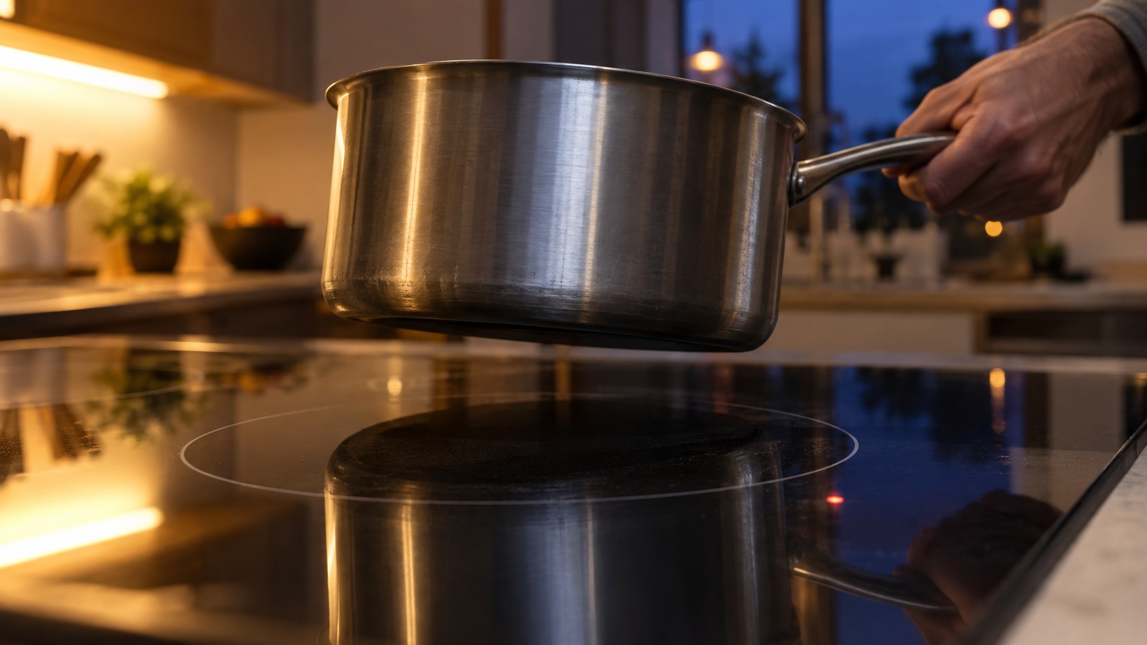 Close-up of a black induction cooktop surface at a low angle with a residual heat indicator dot glowing faintly beside a cold zone, a saucepan lifted just above the surface.