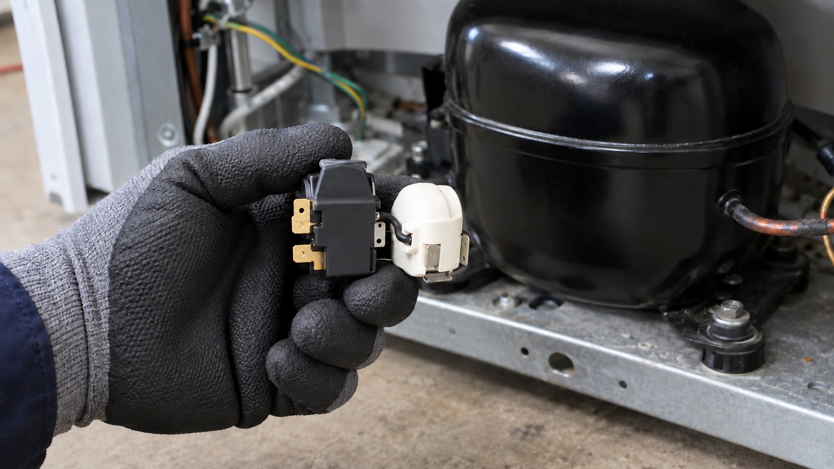 Macro close-up of a refrigerator start relay and overload protector held in a gloved hand beside the compressor at the back of the cabinet.