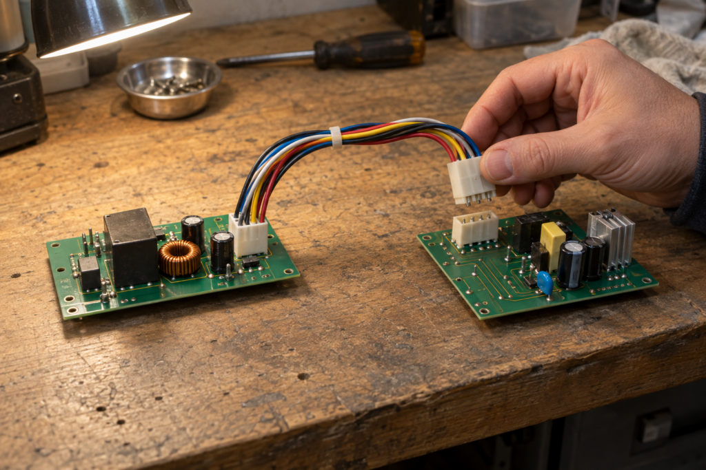 Two circuit boards joined by a harness, with a hand about to seat the plug into its socket.