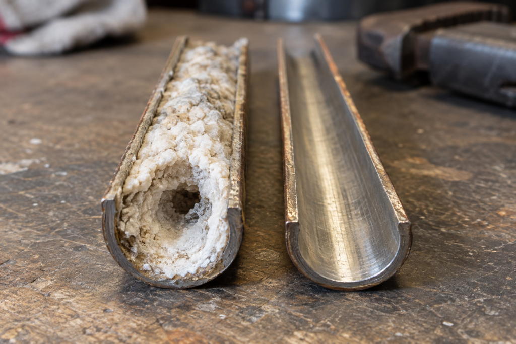 Two short lengths of narrow metal water tube cut open lengthwise on a bench, one lined with a thick white limescale crust that nearly closes the bore and the other clean, even side light.