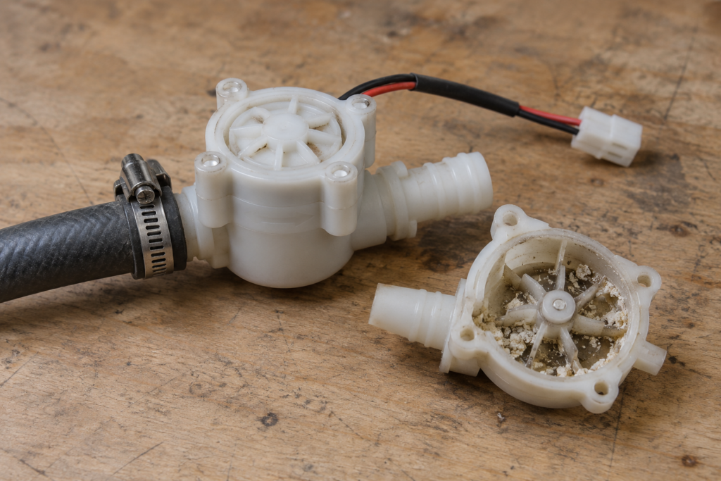 A small plastic flow meter housing with a short inlet hose lies beside a cut-open sample holding fine white scale grit.