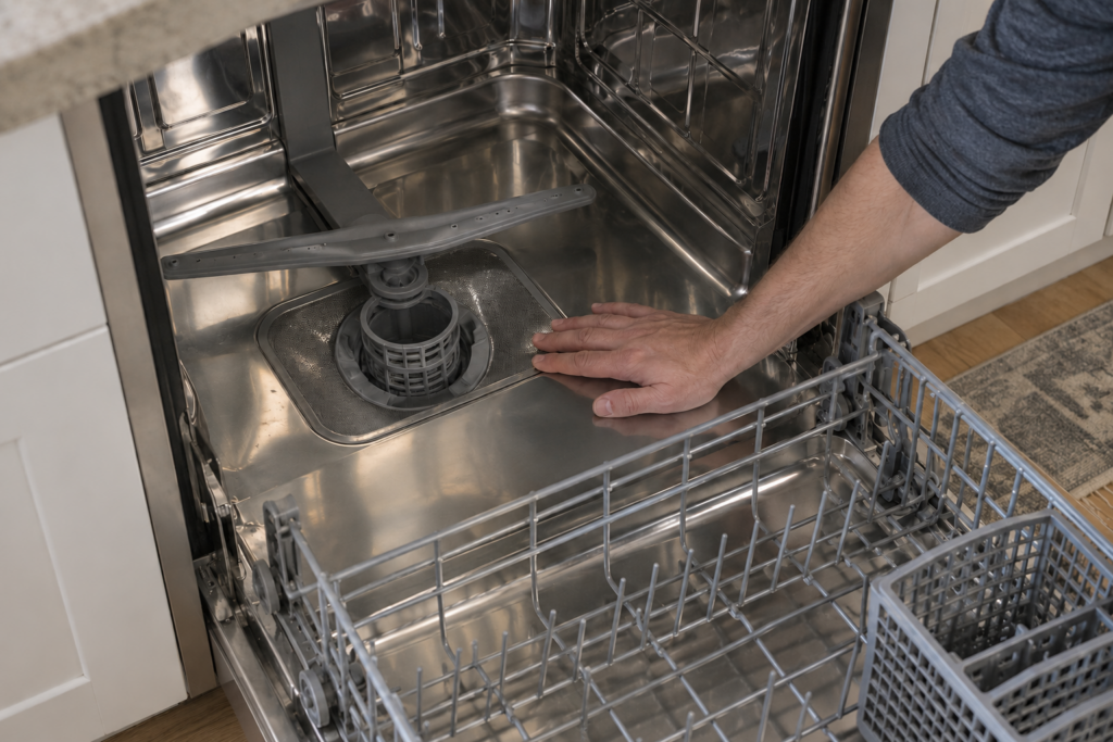 A bare palm rests on the floor of an empty dishwasher tub to feel whether it warmed up during the cycle.