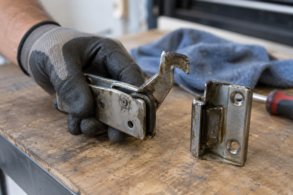 A latch hook and its matching strike plate side by side, with grease on both.