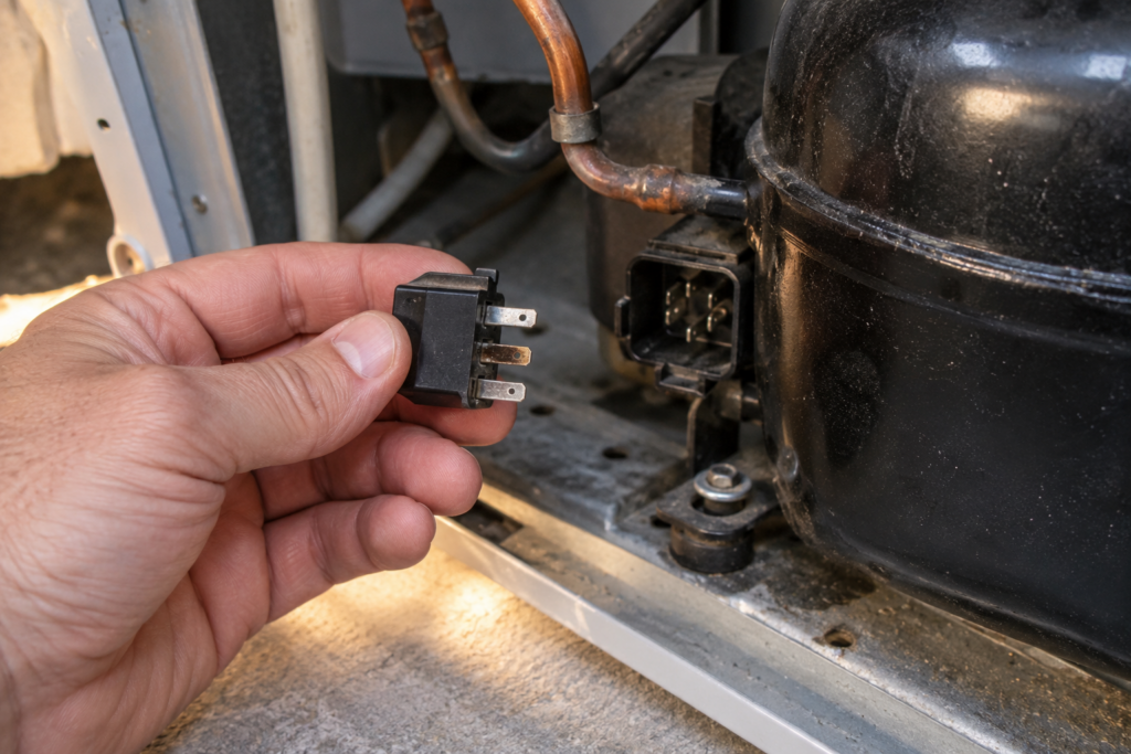 A small black compressor start relay with three metal pins unplugged and held in a bare hand beside the dome of a refrigerator compressor and a copper line, one pin housing faintly browned, work lamp light.