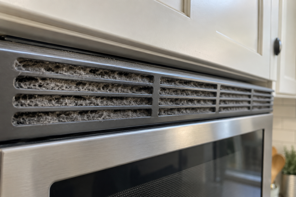 The narrow vent slots along the top of a built-in microwave with a grey felt of dust clogging them.