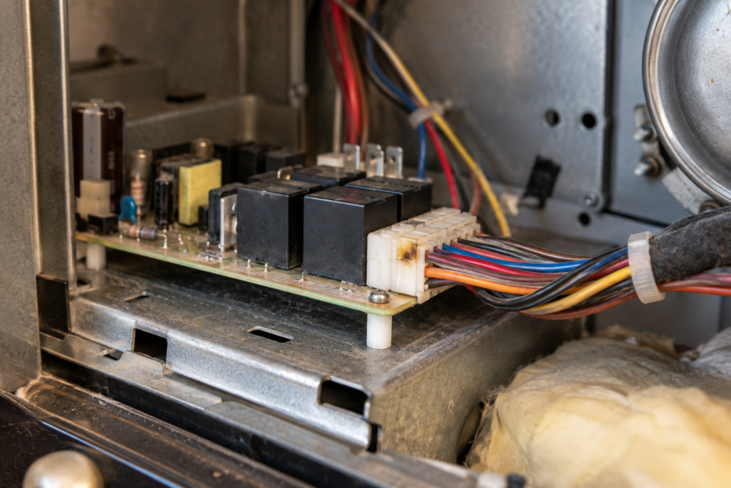 A close-up of a small relay circuit board inside a wall oven with a multi-pin wire harness plug seated at its edge, one pin housing slightly discolored by heat, soft light from the upper right.