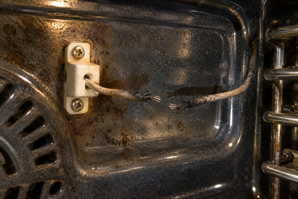 A heat-blackened sensor wire snapped in two next to a small white ceramic connector block inside an empty oven cavity.