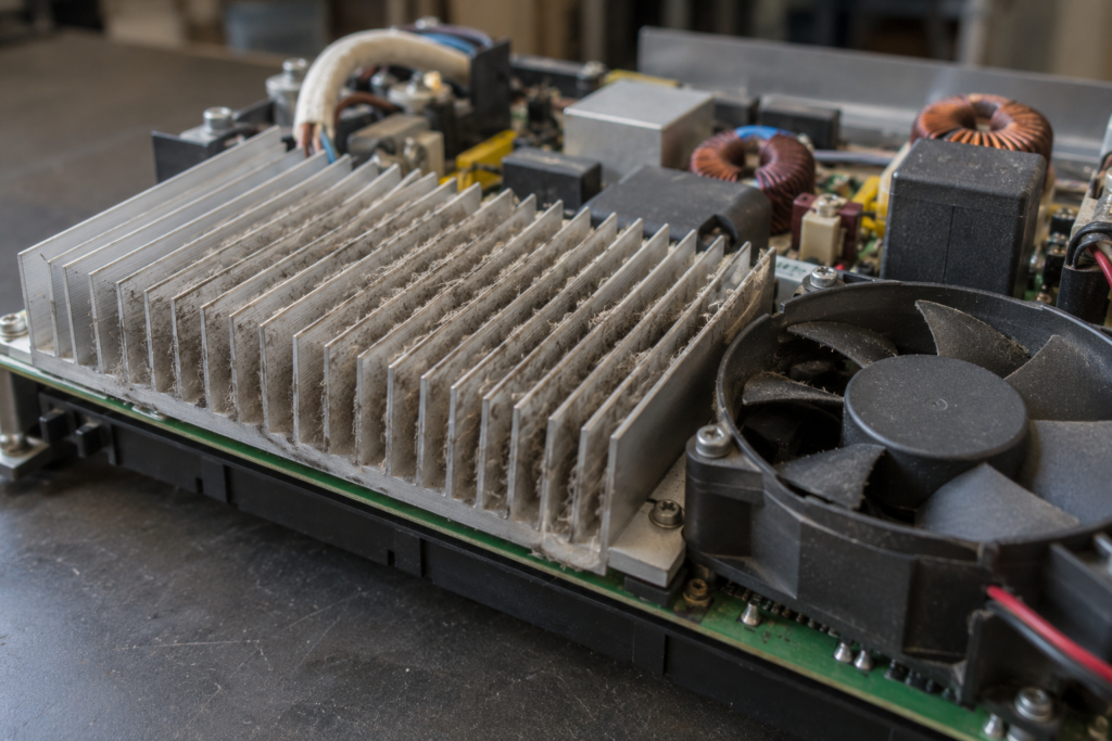 A power board with a finned heat sink and cooling fan, dust gathered between the fins.