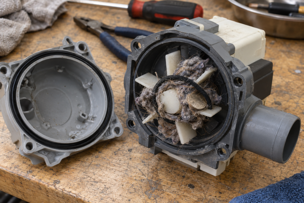 A washer drain pump with its cover off and a wad of lint, a hair tie and a coin wrapped around the impeller.