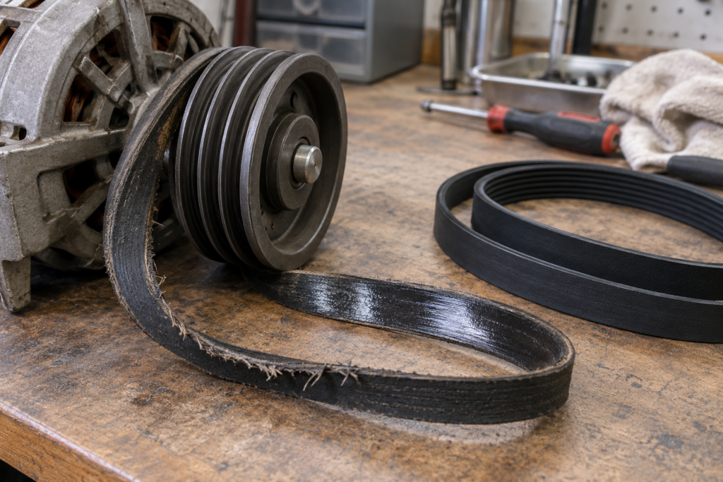A worn flat drive belt with a glazed shiny inner surface and a frayed edge looped over a grooved motor pulley on a workbench, a stretched coil of a new belt beside it, soft overhead workshop light.