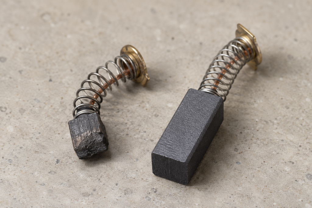 A macro close-up of two carbon motor brushes with springs on a clean workbench, one visibly worn short and dark, the other new and long, soft overhead light.