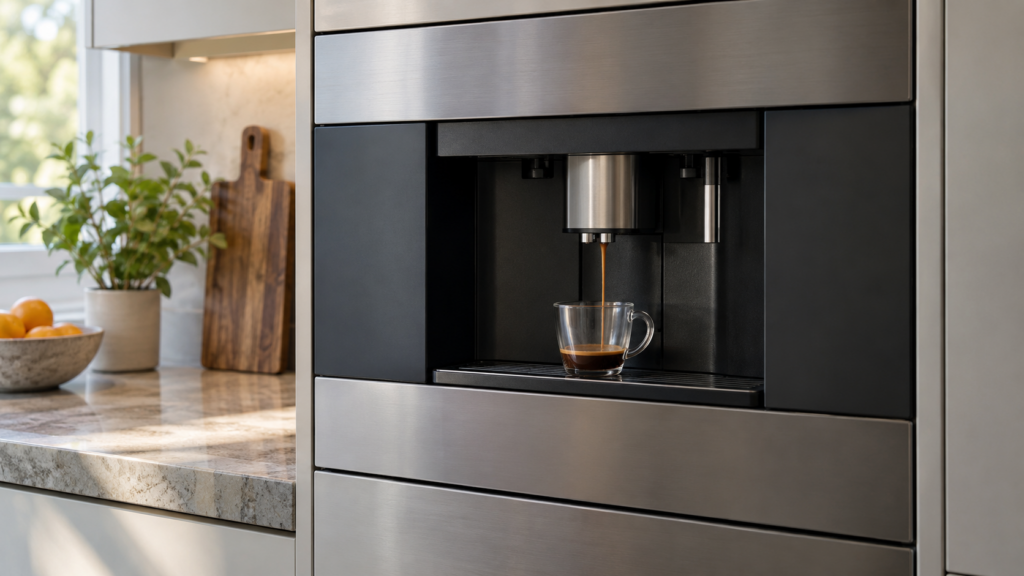 A built-in coffee machine delivering a thin slow trickle of coffee into a small glass cup on its drip tray, the cup only a quarter full, morning light on a stone kitchen counter in an American home.