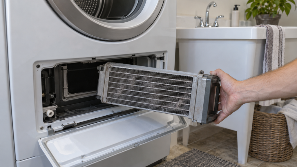 A heat exchanger taken out of a ventless dryer and carried to a sink, its fins covered with a fine film of lint.