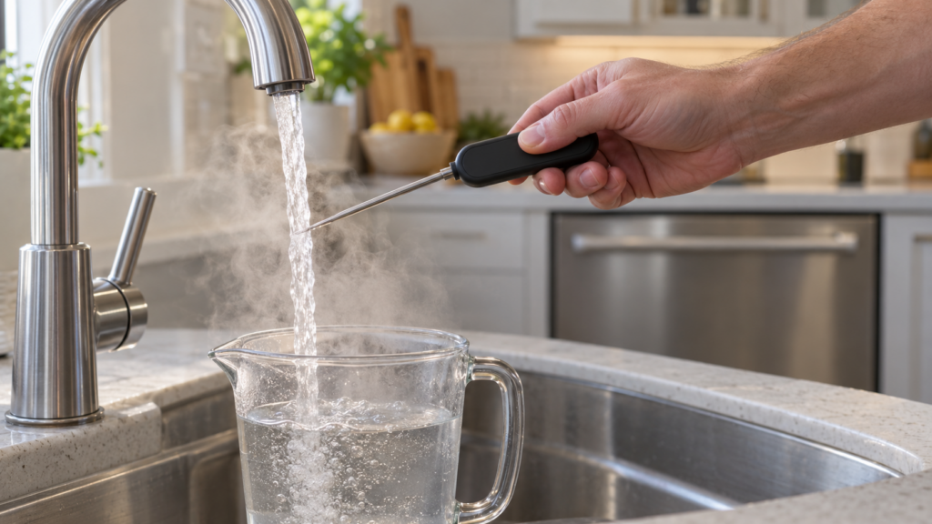 A bare hand holds a kitchen thermometer in hot water from the tap, the quick check for whether the dishwasher is receiving hot water.