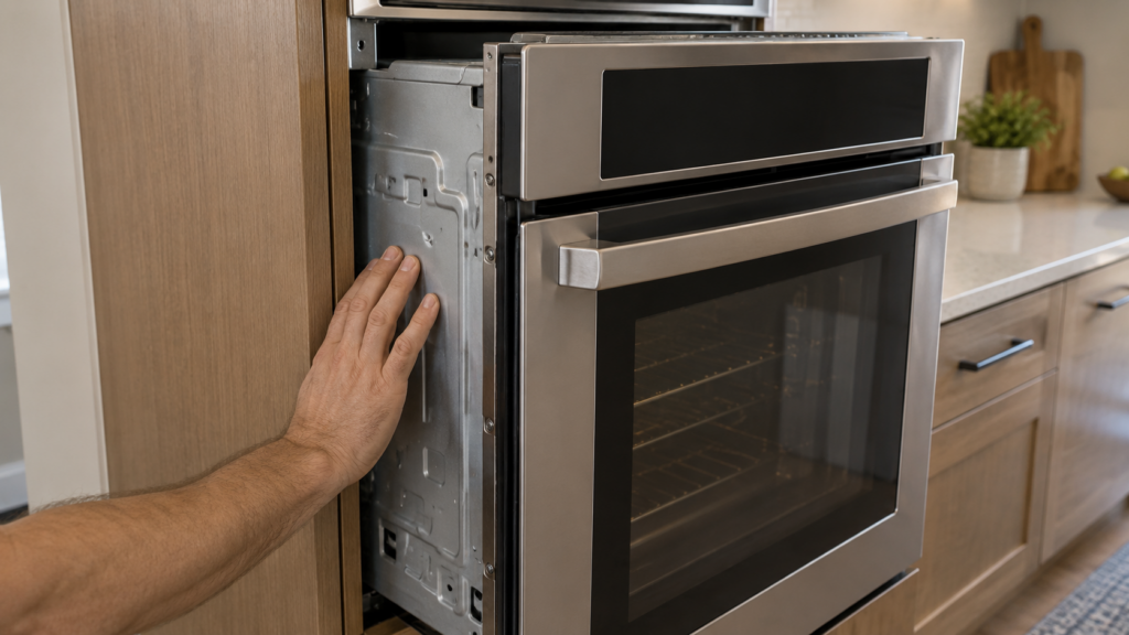 A built-in wall oven pulled partway out of its cabinet tower, showing how tightly it fits between the cabinets.