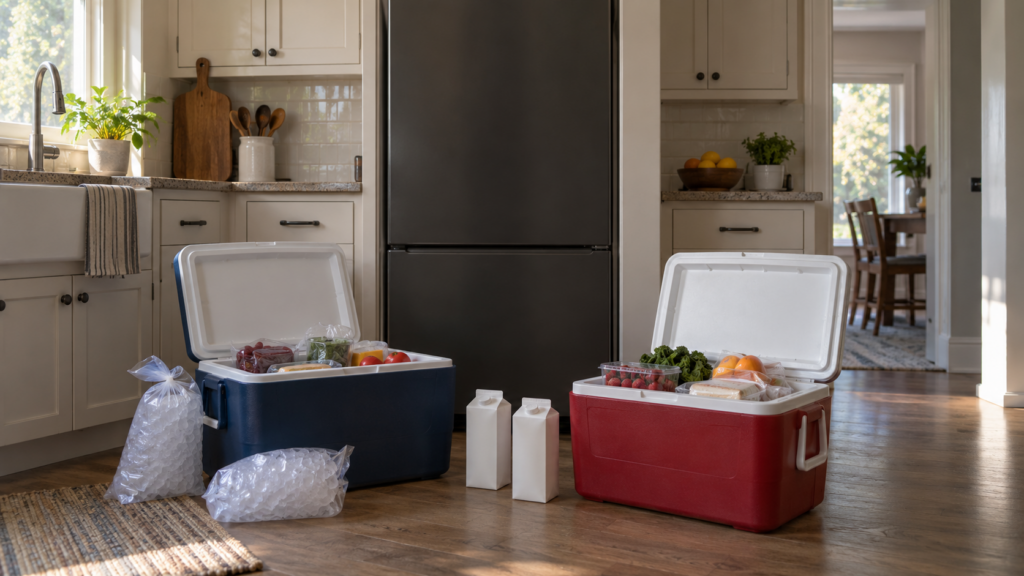 Two open picnic coolers packed with food, bagged ice and milk cartons on a kitchen floor in front of a closed tall built-in refrigerator column with a dark interior glow-free front, early morning light in an American home.