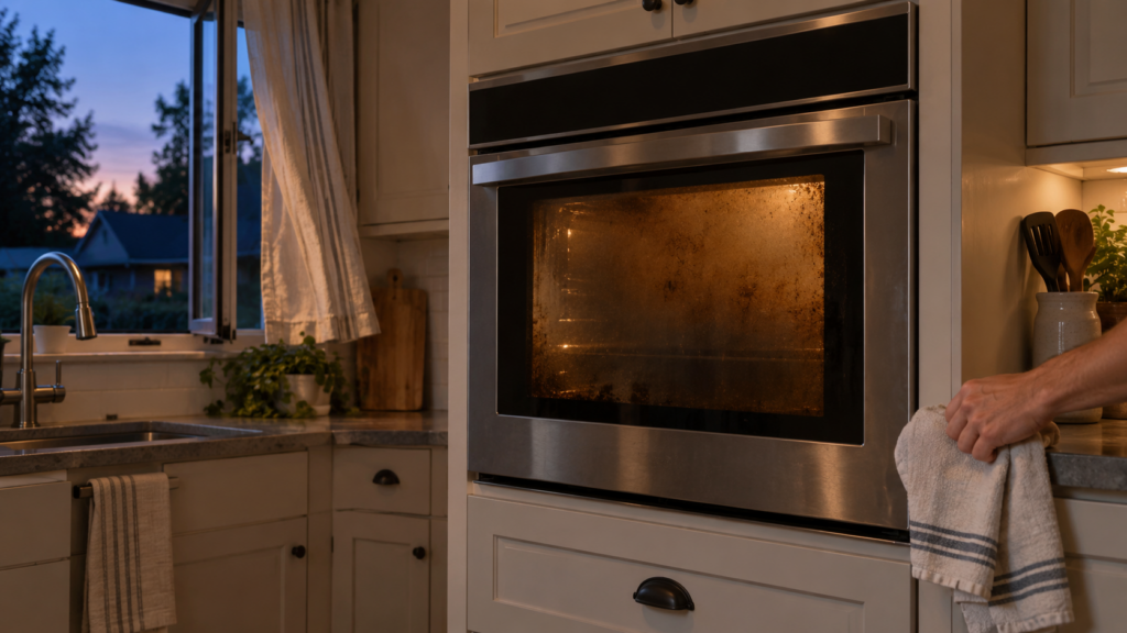 A closed built-in wall oven whose inner glass door is browned by smoke haze, an open kitchen window with a curtain beside it and a bare hand holding a folded dish towel at the cabinet edge, evening light in an American home.