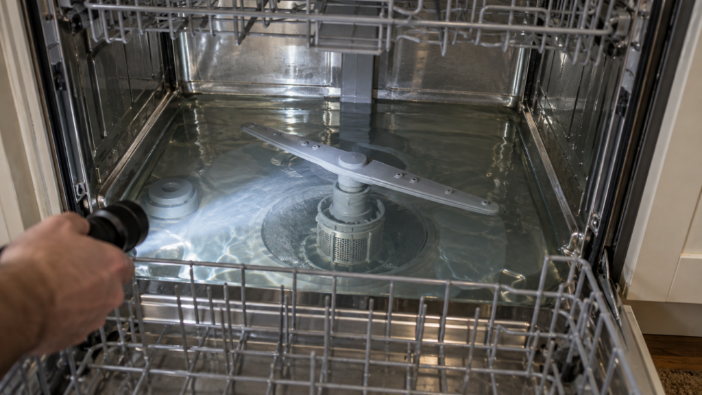 A dishwasher tub with the water standing above the filter and halfway up the lower spray arm hub.
